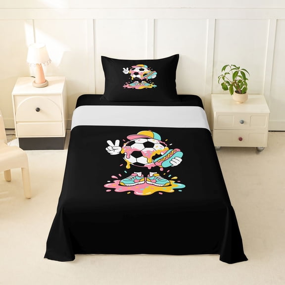 Feelyou Cartoon Soccer Dripping Twin Sheets for Boys, Streetwear Hotdog Bedding, 3pcs, 1 Flat Sheet, 1 Fitted Sheet and 1 Pillowcase