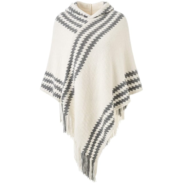 Poncho Cape en Tricot Rayé à Capuche pour Femmes avec Franges
