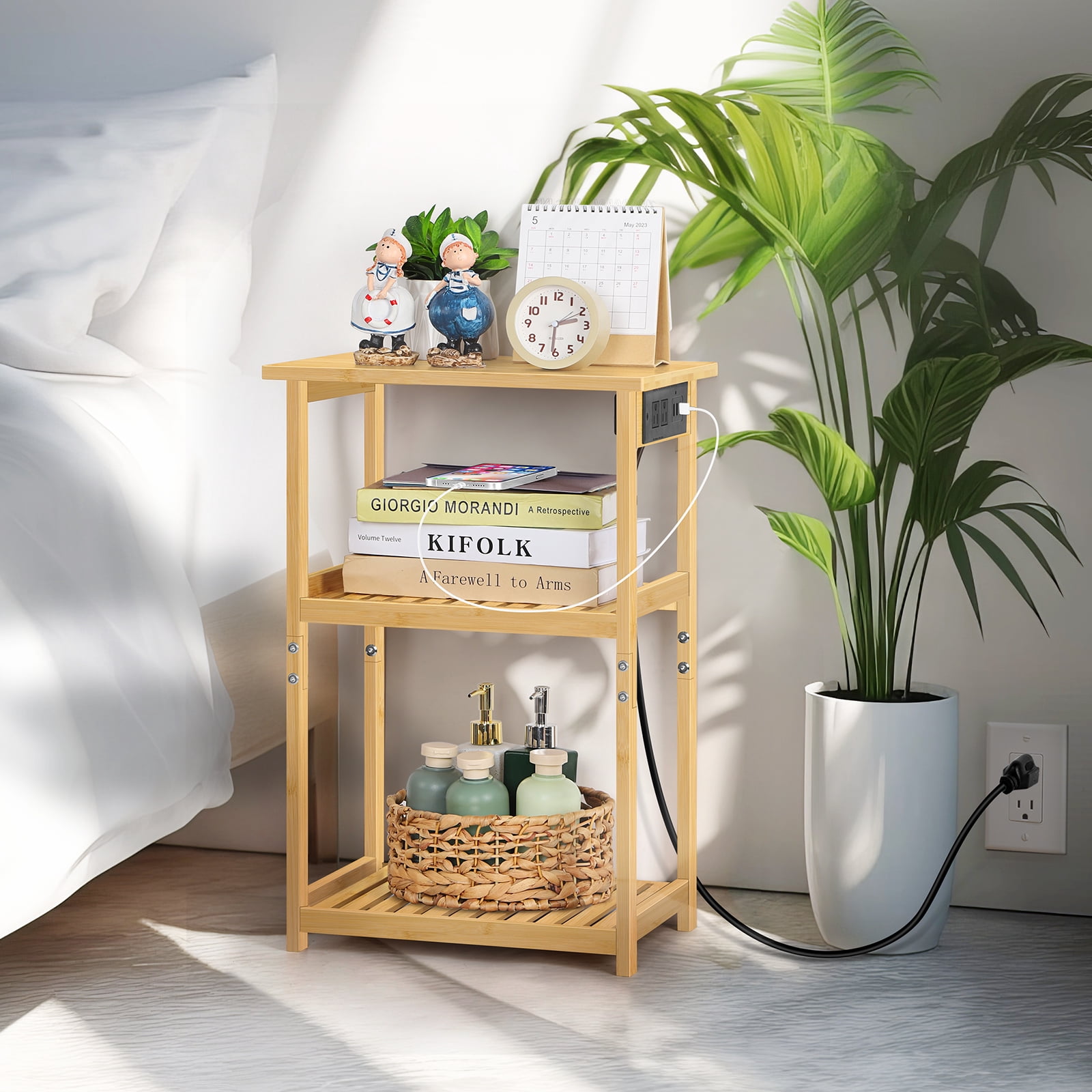Wood Bamboo Nightstand with Charging Station, 3鈥慣ier Open Shelf End Table for Bedroom Living Room