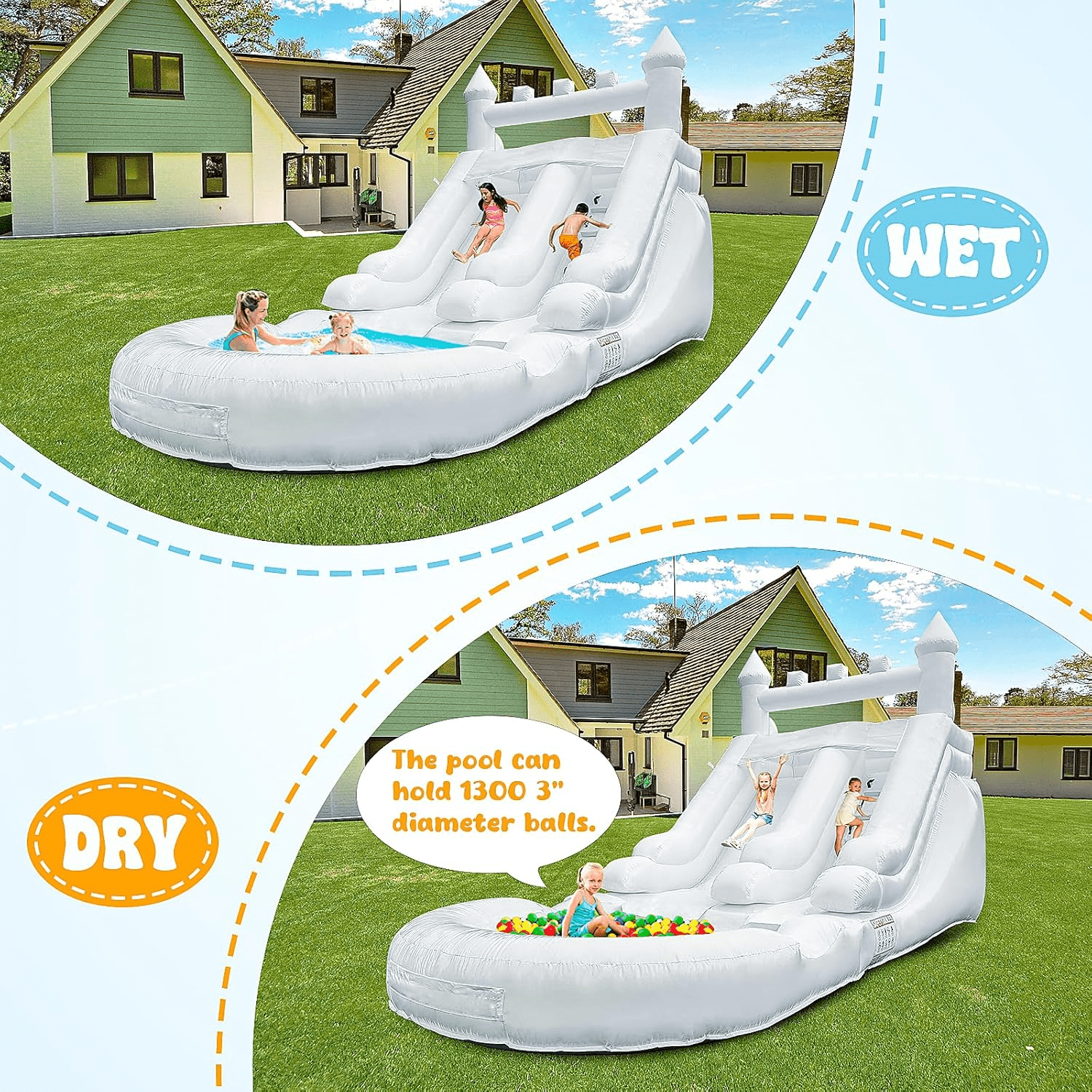 Connsann 13' x 21' Commercial-Grade White PVC Inflatable Water Slide with Splash Pool & 750W Air Blower for Backyard Parties/Rental