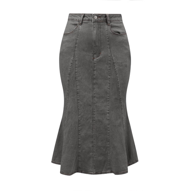 Falda vaquera casual de cintura alta con volantes y cola de pez para mujer Gris Negro S