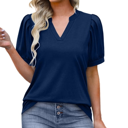 Vetement Femme ete 2025 Womens Pleated Puff Sleeve Tops Summer V Neck T Shirts Loose Blouses Dressy Casual plus Size Womens Turtleneck Long Sleeve Women Shirts Size Medium Women s Layering Tees M