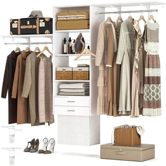 Homieasy 96'' Laundry Closet Organizer with Drawer, 8FT Wall Closet System with 2 Hanging Rods & Laundry Hamper, Sturdy Clothing Garment Rack with Adjustable Shelves, 1000 LBS Hold, White