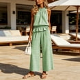 thumbnail image 6 of BRELIL Women High Neck Sleeveless Peplum Top Wide Leg Pants Two Piece Set Plaid Boho Vacation Casual Loose 2 Piece Travel Outfit, Green S, 6 of 7