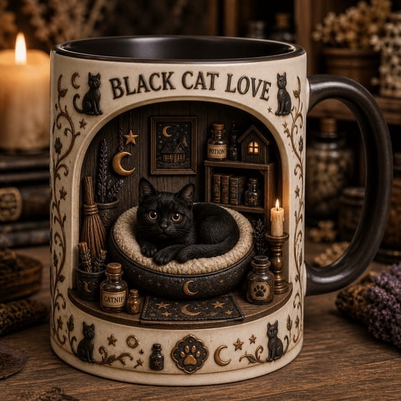 Coffee Mug Black Cat Witch Cottage Ceramic for Halloween Coffee Gift for Cat Lovers