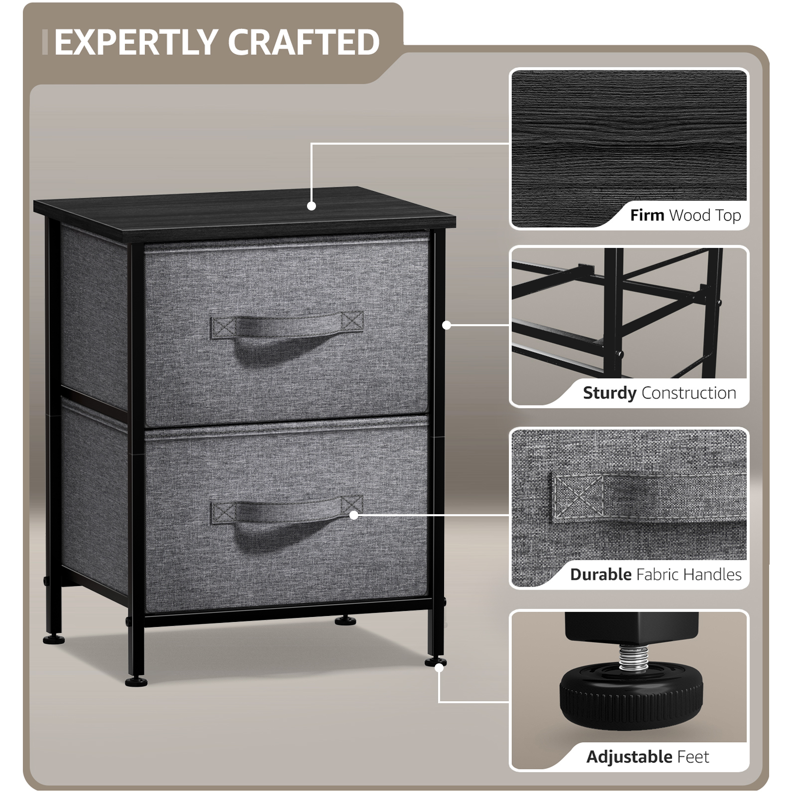 Sorbus Nightstand with 2 Drawers, Steel Frame, Wood Top, Fabric Bins, Black
