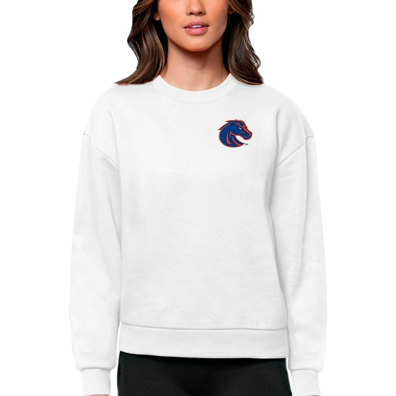 Women's Antigua White Boise State Broncos Logo Victory Crewneck Pullover Sweatshirt