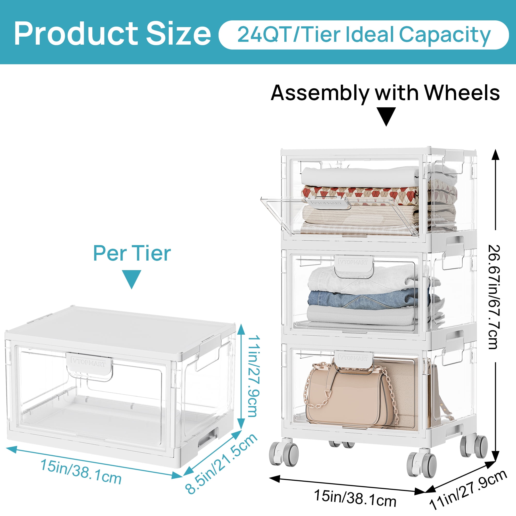 Sindcom 3-Layer Stackable Storage Bins, 72Qt Foldable Large Storage Containers with Lids, Storage Bins with wheels for Home Office Bedroom, Bathroom, White