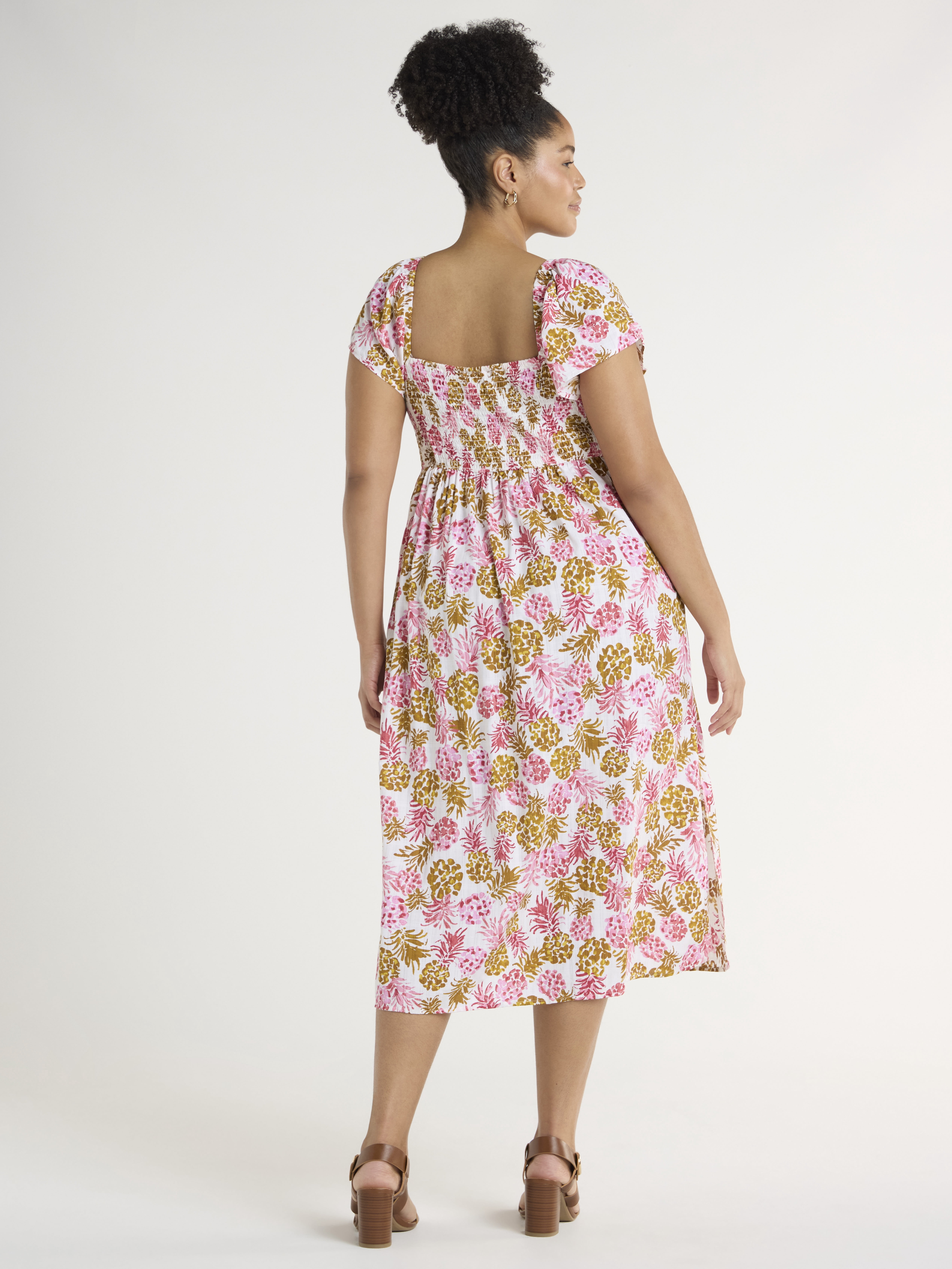 Time And Tru Women's Midi Dress with Flutter Sleeves, Sizes XS-XXXL
