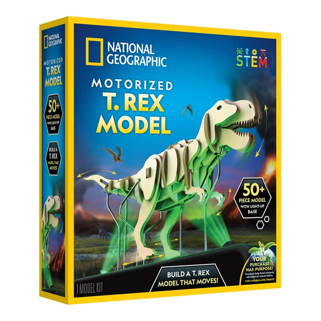 National Geographic Motorized Dinosaur 3D Puzzle - 50-Piece 3D T. Rex Wood Model Kit with Light-Up Motorized Display Base and 8 Light Sett