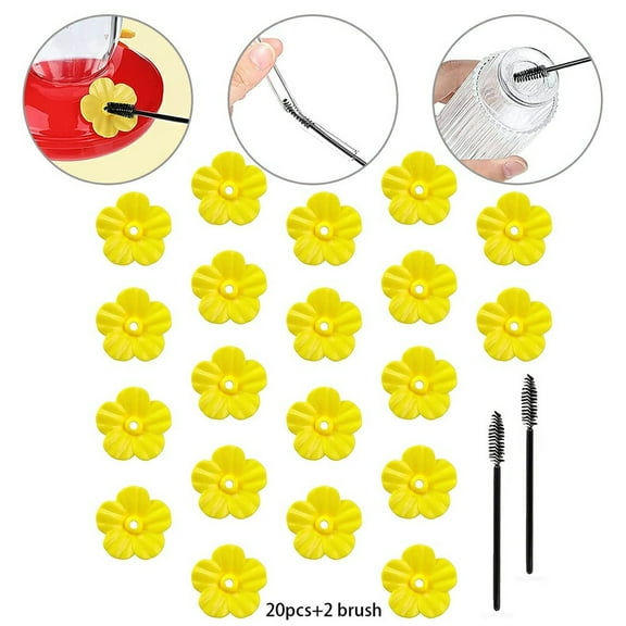 Fancy 20Pcs Hummingbird Feeders Replacement Flowers with Cleaning Brush , Bird Feeder Replacement Parts Feeding Ports Hummingbird Feeders for Outdoors Yellow