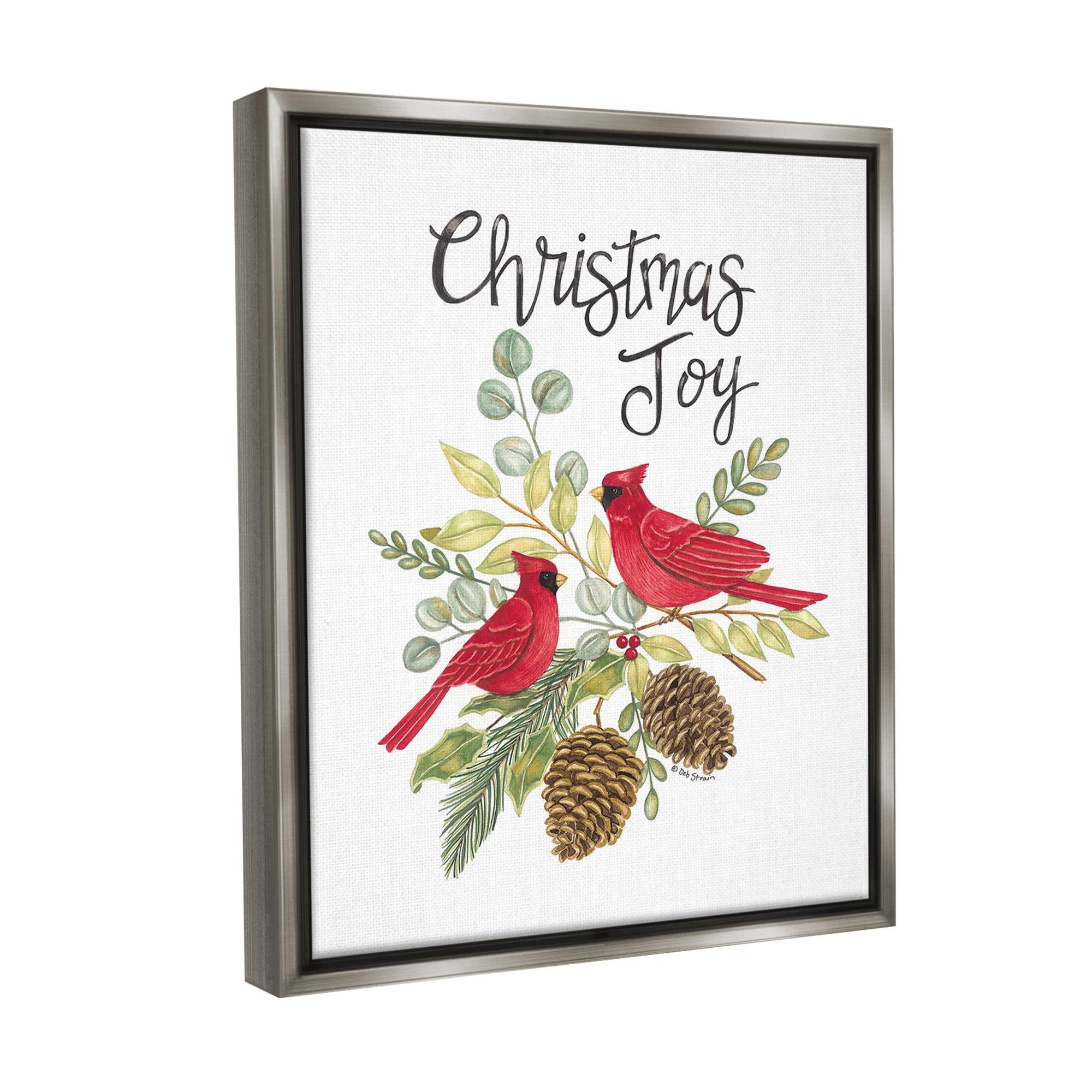 Stupell Industries Christmas Joy Cardinals Holiday Painting Gray Floater Framed Canvas Art Print Wall Art, 17 x 21