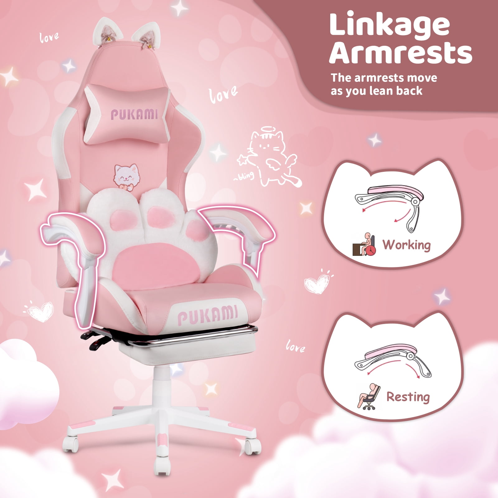 Waleaf Pink Gaming Chair with Cat Paw Lumbar Cushion and Cat Ears for Girls, Reclining Office Computer Chair with Footrest for Adults, Teens