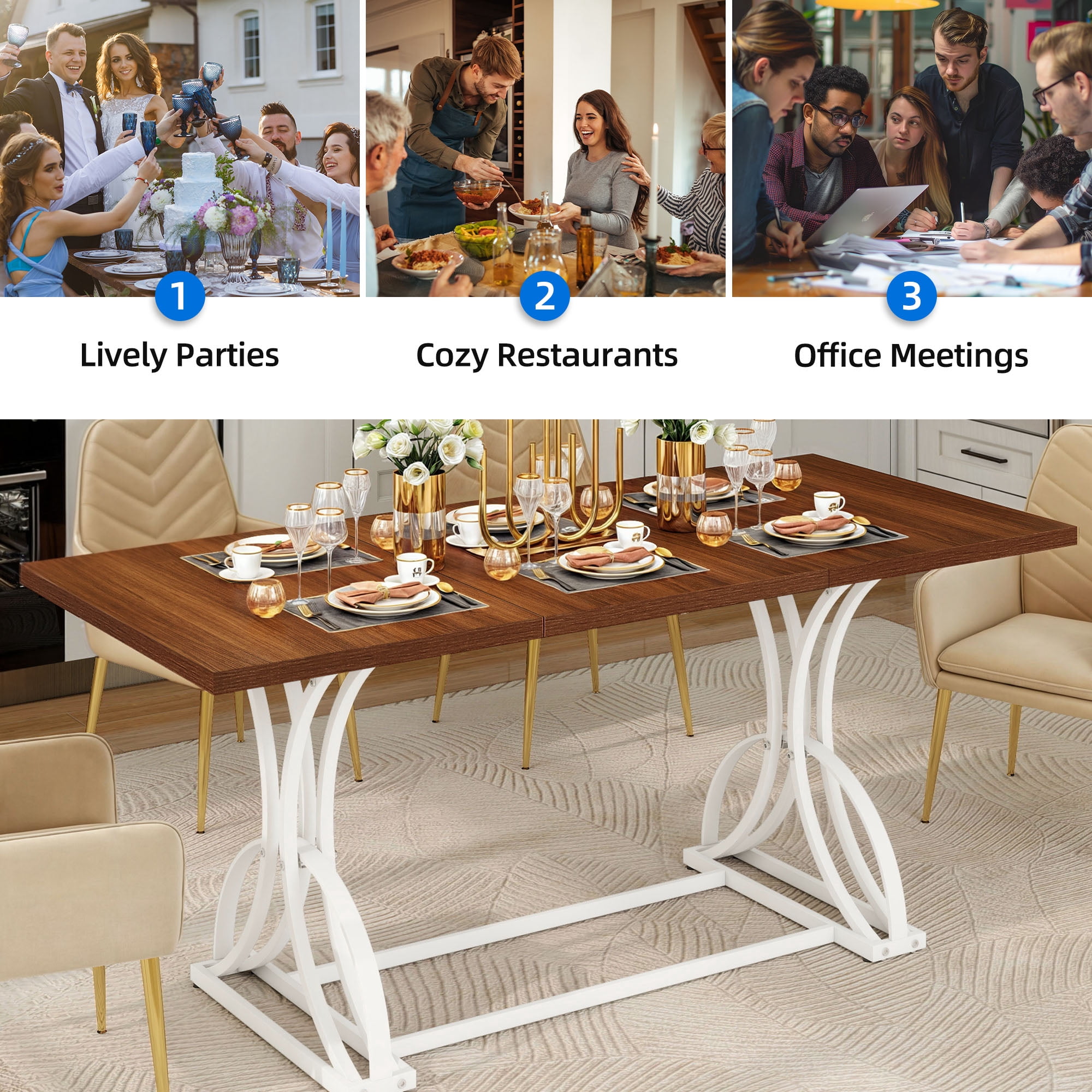 Dextrus 70" Wood Dinner Table for 6-8 Person, Rectangular Kitchen Table with Metal Leg for Gathering, Meeting, Office Kitchen, Dining Living Room, Walnut