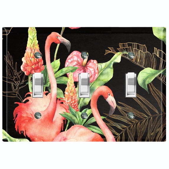 Metal Light Switch Plate Outlet Cover Tropical Pink Flamingo Flowers Black FGO004
