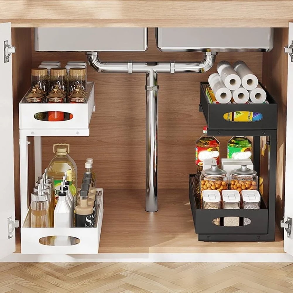 Under Sink Organizer, Height Adjustable Under Kitchen Sink Organizers And Storage Basket, Slide Out 2 Tier Metal Shelf, Pantry Cabinet Organizer For Bathroom Kitchen
