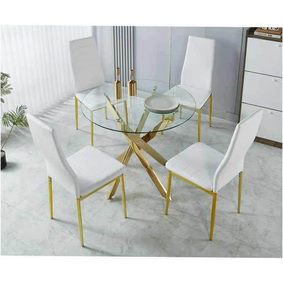 JERFIT Mid-Century Modern 5-Piece Dining Set with Glass Top Table and 4 Chairs, White and Gold Metal Legs for Kitchen, Breakfast Nook, Small Space