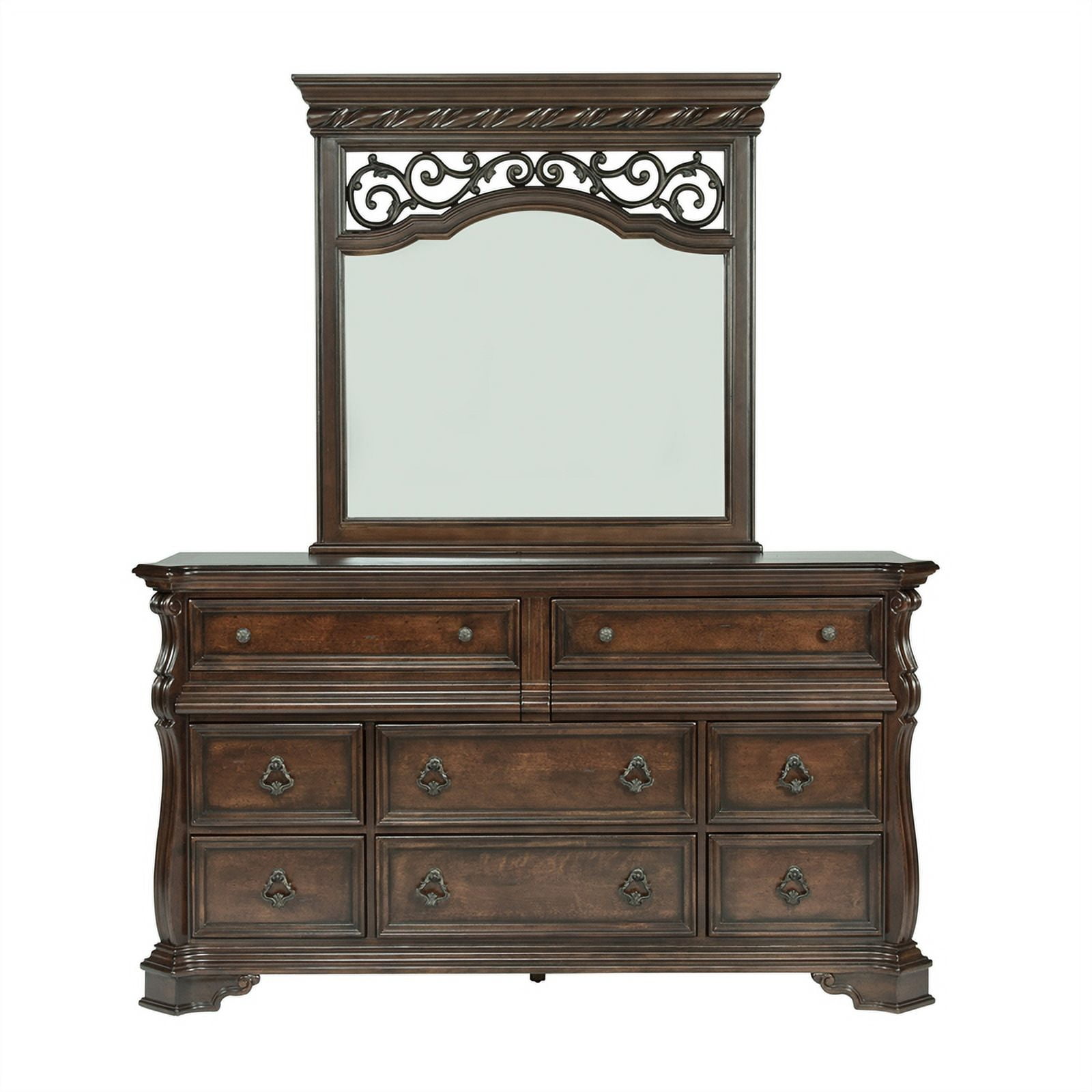 brown dresser with mirror walmart Royal Classic Traditional Cal King Bed Dresser Mirror Nightstand Wooden Brown Finish 4pc Set Bedroom Furniture Tufted Headboard, Size: California King