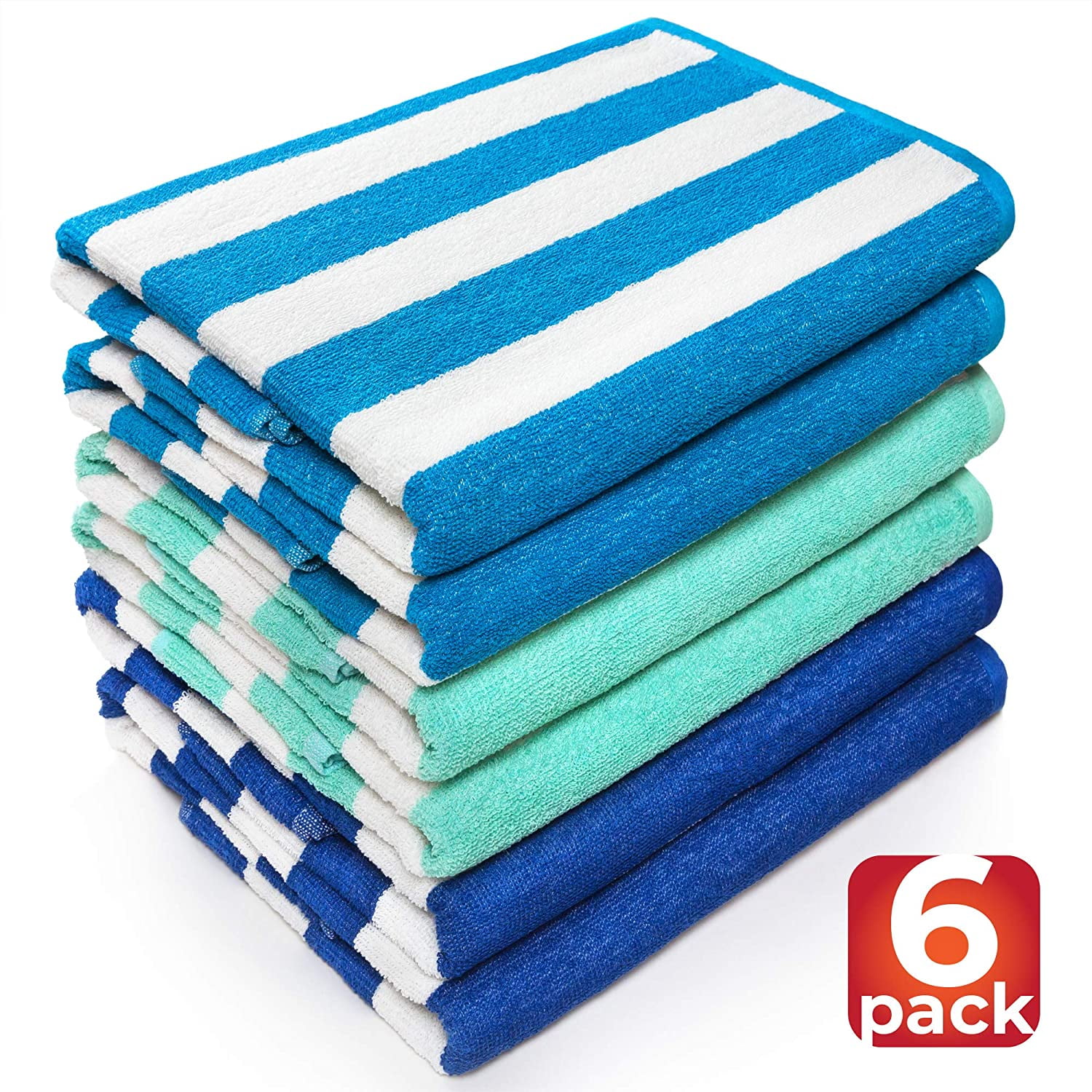 Beachland Classic Cabana Stripe Beach Towel - 30 x 60 inch - Soft Cotton Terry Resort Style Perfect for Beach and Pool (Royal-Tur-Mint, 6 Pack)