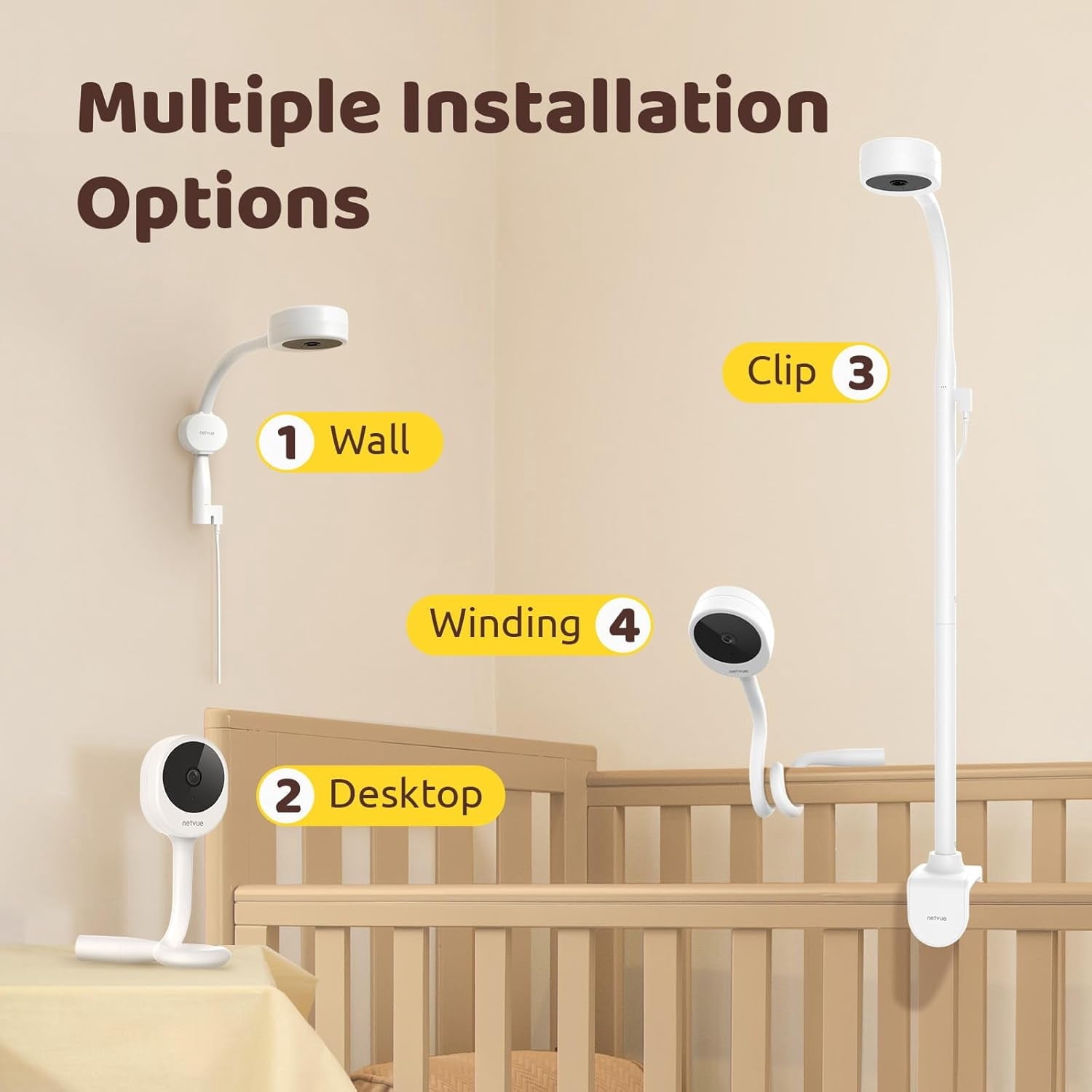 NETVUE Peekababy Baby Camera Monitor, Wireless Baby Monitor with Camera & Audio, 4-in-1 Crib Mount, Smart App, Sleep Analysis & Two-Way Talk