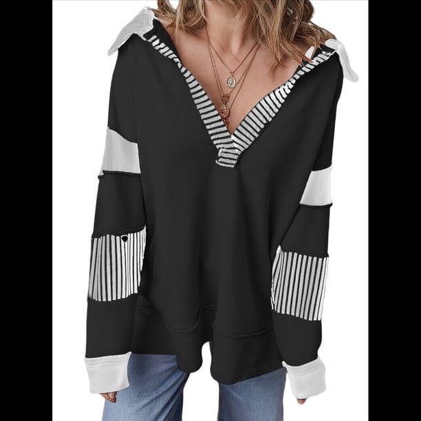 Sudadera de Mujer de Gran Tamaño con Cuello de Patchwork y Rayas de Colores Contrastantes, Estilo Informal. Negro S