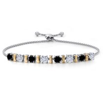 Gem Stone King 925 Silver and 10K Yellow Gold Black Diamond and White Moissanite Bracelet for Women | 2.00 Cttw | Gemstone April Birthstone | Round 4MM | Adjustable up to 9 inch