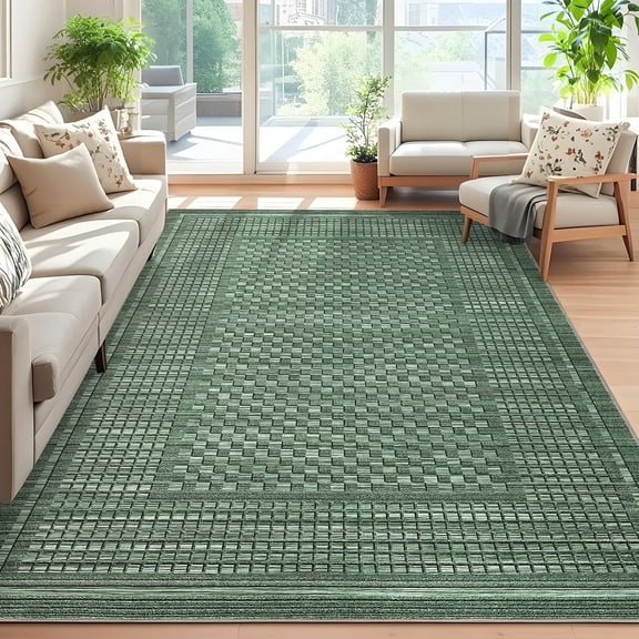 Yesurprise 10x13' Checkered Area Rugss - Modern Geometric Carpet, Soft Low Pile, Washable with Non-Slip Backing, Ideal for Living Room, Bedroom, Office - Green
