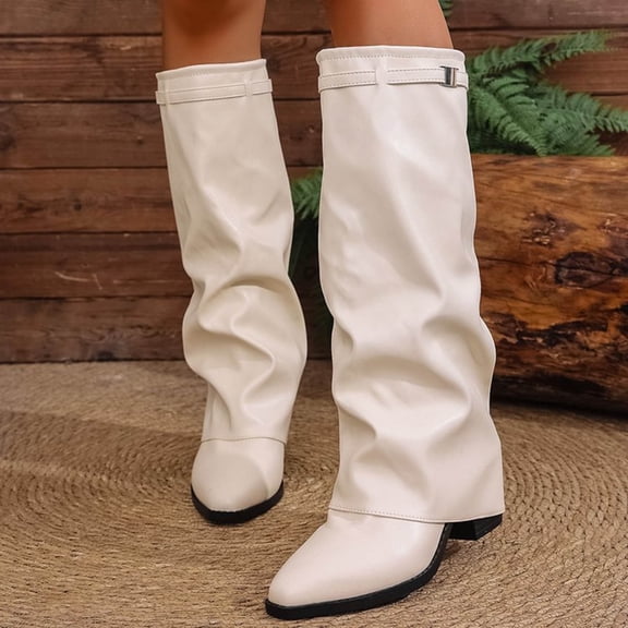 JUSLIO Winter Boots for Women,Chunky Heel Boots Solid Color Mid Calf Boots Fashion Casual Comfort Ruched Womens Boots,