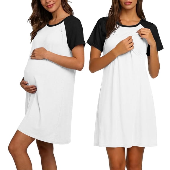 Gamivast Dresses for Maternity Nursing Dress Contrast Short Sleeve Crew Neck Sleep Dress Maternity Dress Loose Fit Lounge Dress Breastfeeding White L