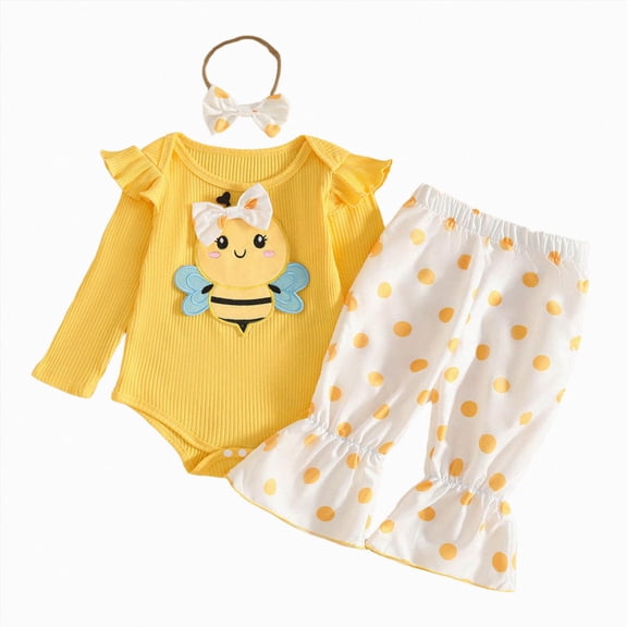 masbird Baby Girl Clothes Print Long Sleeve Romper Shirt Flare Pants Cute 3PC Fall Winter Outfits Headband 0 3 6 12 18 24 Months,Yellow,12-18 M