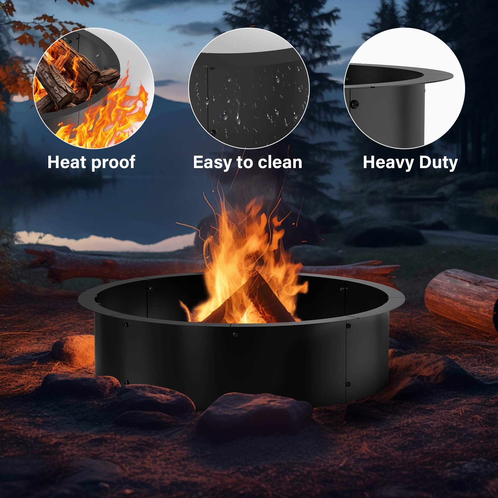 Fire Pit Ring for DIY Smokeless Wood Burning Fire Pit Liner with Collar Support, 3mm Thick Heavy Duty Solid Steel Firepit Rim In-Ground Bonfire Outdoor Camping Cooking Patio Backyard, 39" Black
