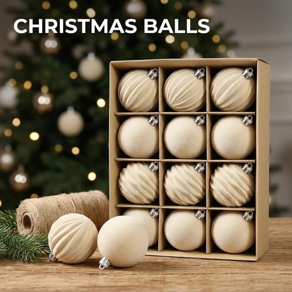 12-Pack Shatterproof Plastic Christmas Ornament Balls, 2.36 Inch Brown Blue Cream Holiday Tree Decorations