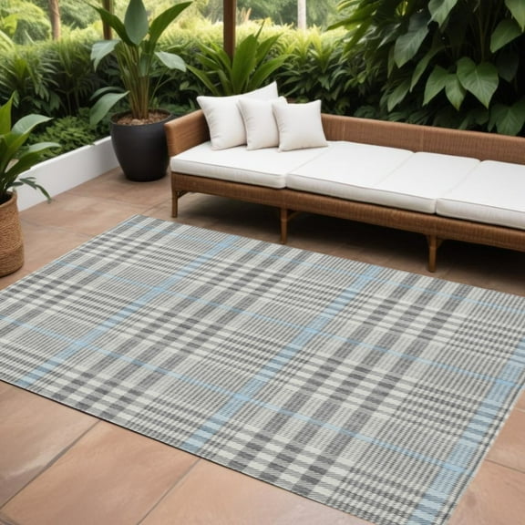 HomeRoots 601485 8 x 10 ft. Gray, Blue & Beige Plaid Washable Indoor & Outdoor Rectangle Area Rug