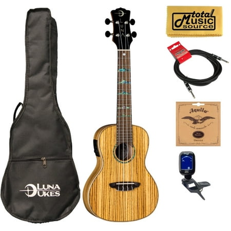 Luna UKE HTC ZBR High Tide Series Zebra Concert A/E Ukulele w/ Cable Bundle