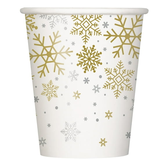 Silver and Gold Snowflakes Holiday Paper 9oz Cups, 8ct