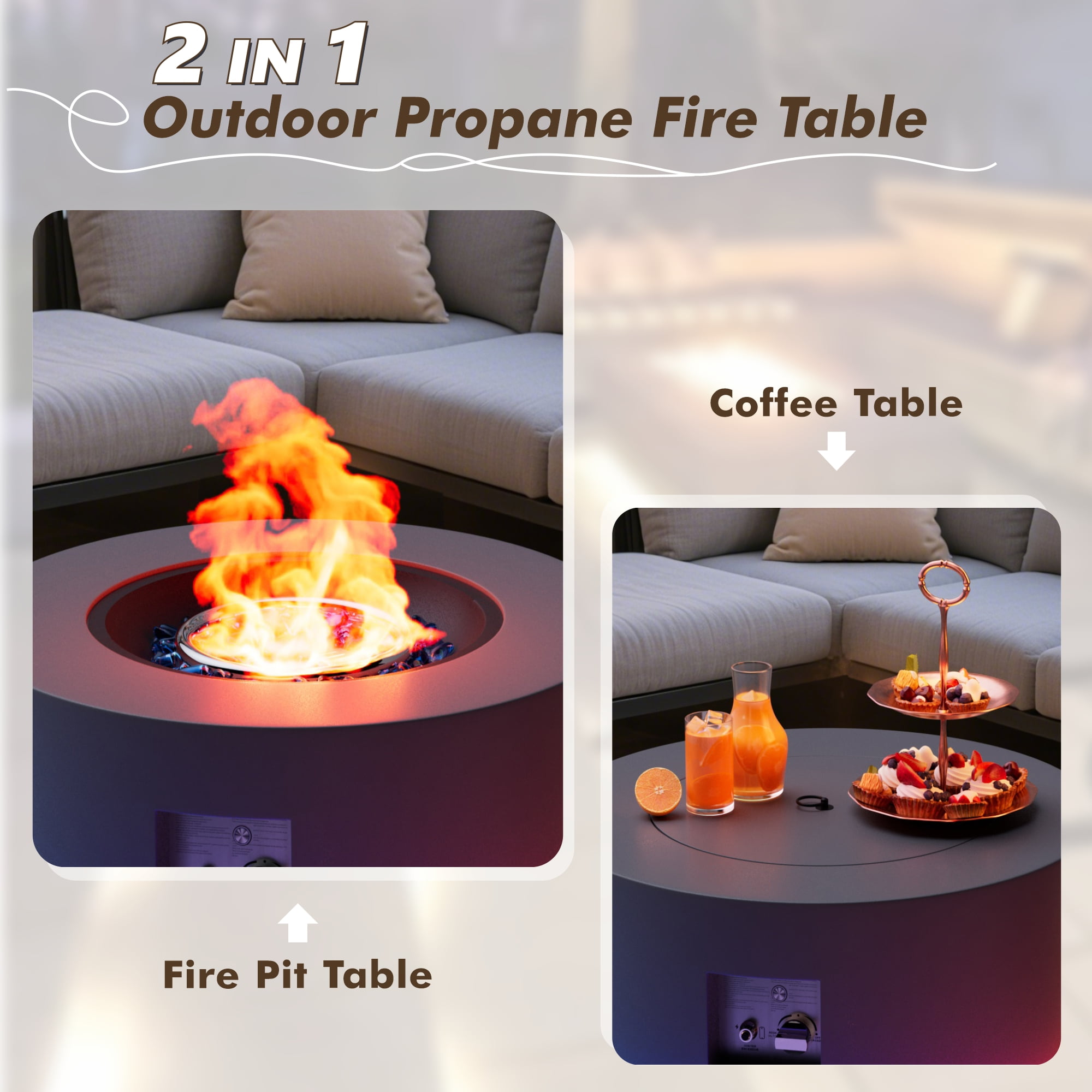 30 in. Round 50000 BTU Coating Steel Outdoor Fire Pit Table with Tank Holder, LED Light, Cobalt Blue Beans,Gas Fire Pit Table for Outside