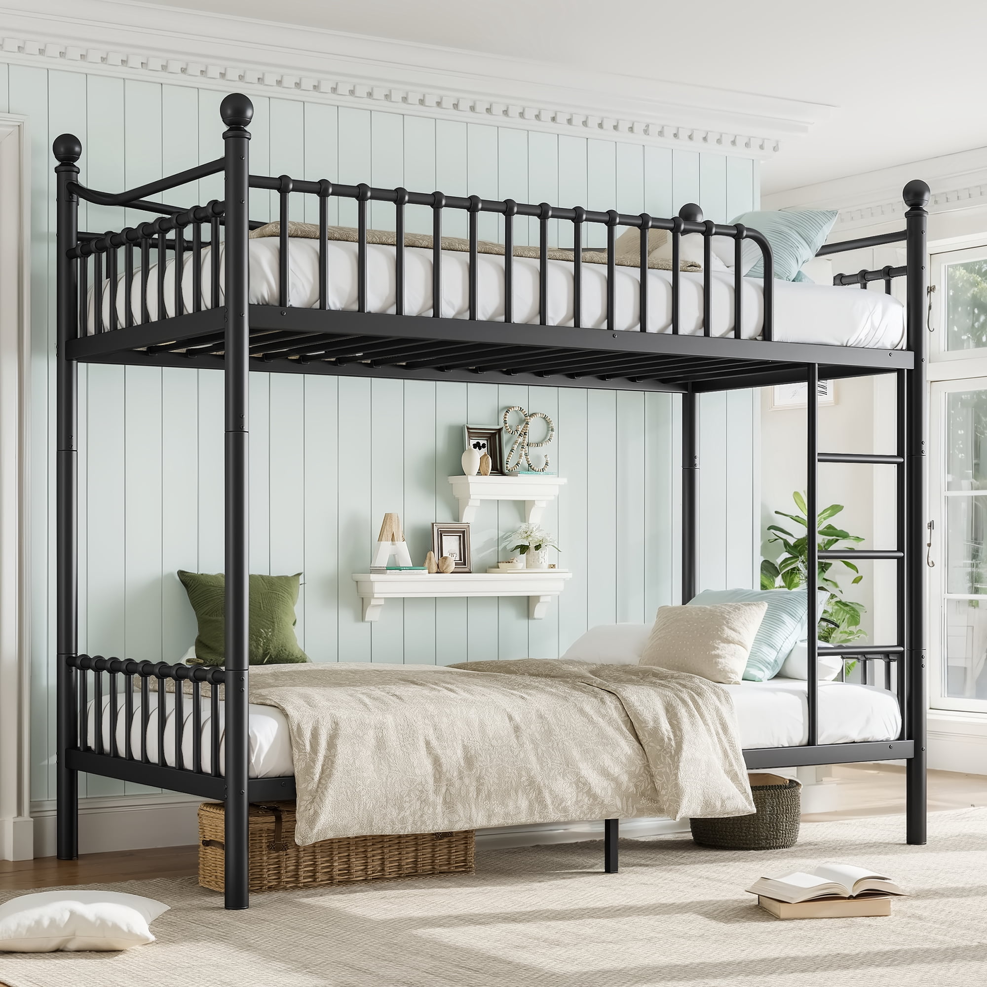Leumius Twin XL over Twin XL Metal Bunk Bed with Unique Curved Guardrail Design, Round Tube Bunk Bed Frame, Metal Bunk Bed Frame for Kids Teens Adults Black