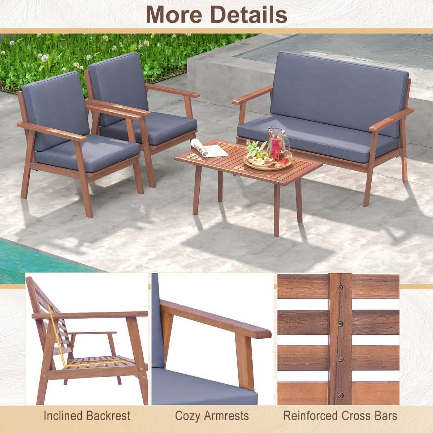 Aimee Lii 4 Piece Outdoor Acacia Wood Conversation Set, Outdoor Patio Set with Soft Seat and Back Cushions, Gray Aimee Lii 4 Piece Outdoor Acacia Wood Conversation Set, Outdoor Patio Set with Soft Seat and Back Cushions, Gray