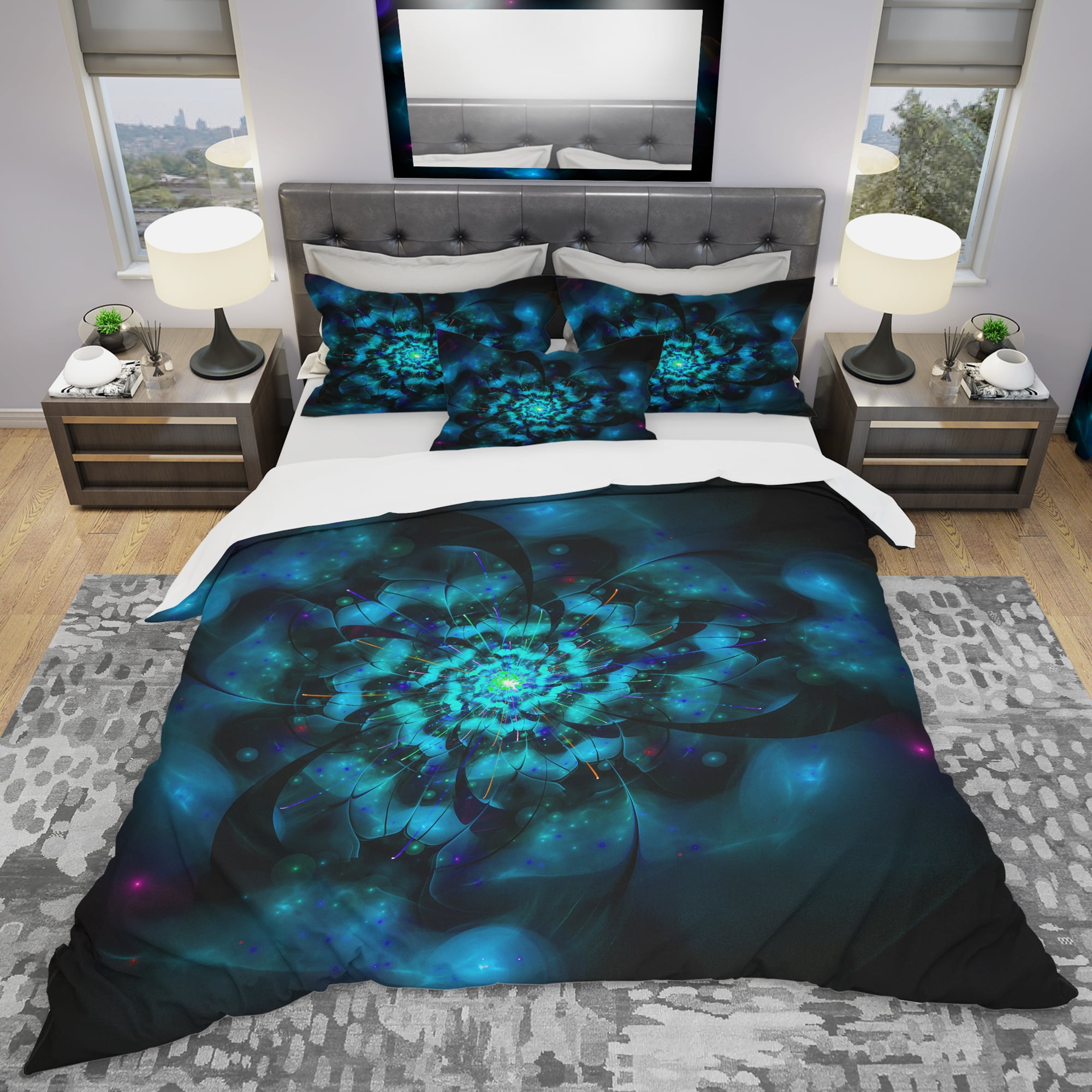Designart 'Perfect Fractal Flower in Black & Blue' Modern & Contemporary Duvet Cover Set