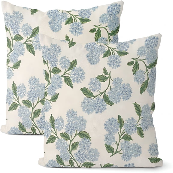 AUQ Spring Pillow Covers 18X18 Inch 2 Pcs Blue Green Hydrangea Flower Decor Throw Pillows Vintage Floral Seasonal Summer Outdoor Decoration Pillowcase Linen Cushion Cover for Couch Sofa