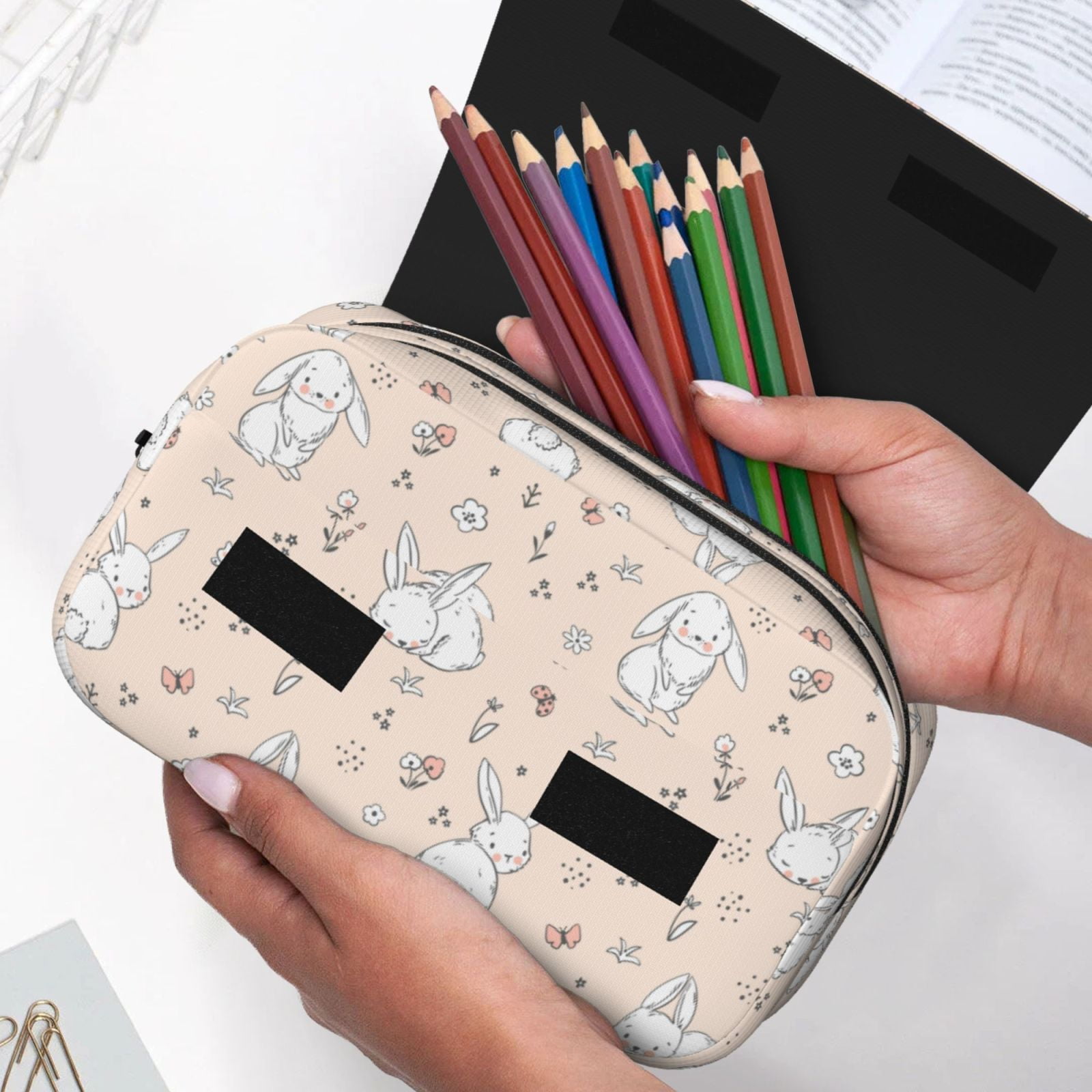 Rateoe Cute Rabbit Pattern Double Clamshell Pen Case, Storage Organizer with Two Zipper Compartments– Holds Up to 50 Pencils & Pens