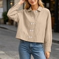 thumbnail image 3 of KICILVS Cropped Button Down Shirts for Women Collared Long Sleeve Plain Blouse Casual Trendy Tops Cute Fall Outfits Women Beige, S, 3 of 6
