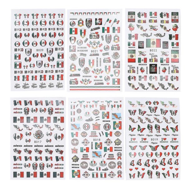 2024 6 Sheet Set Mexican Flag Nail Art Stickers Salon Self Adhesive Nail Decals Decoration