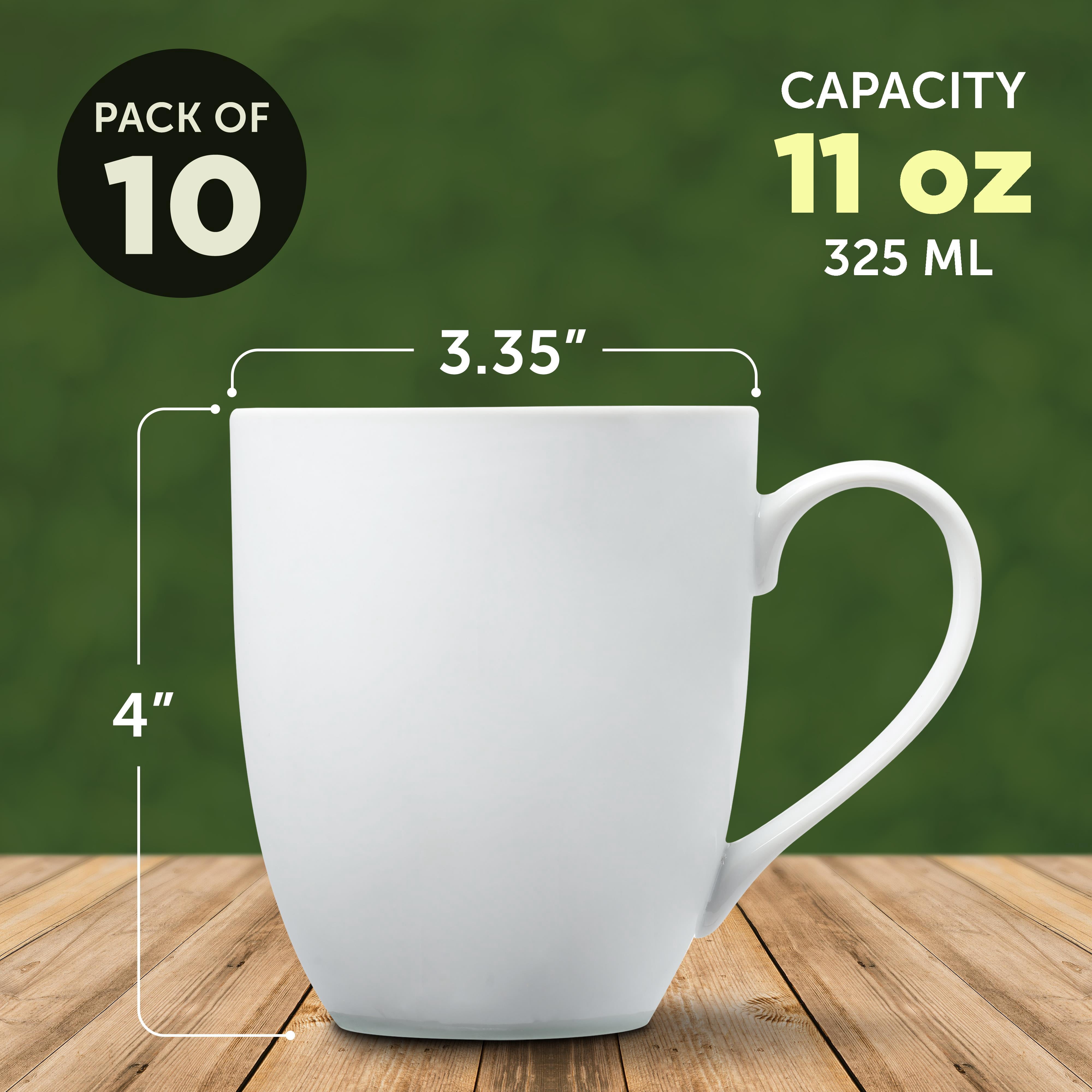 10 Bistro Vitrified Porcelain Mugs Set, 11 oz. - Stoneware, Coffee, Tea - White