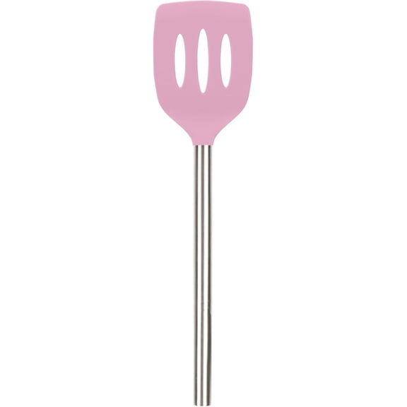 Tovolo Slotted Silicone Spatula Turner Slotted Stainless Steel Handle 10" Pink Sorbet Heat Resistant Non Toxic BPA Free Kitchen Utensil, Silicone Egg Pancake Flipper Metal Handle Turner for Cooking