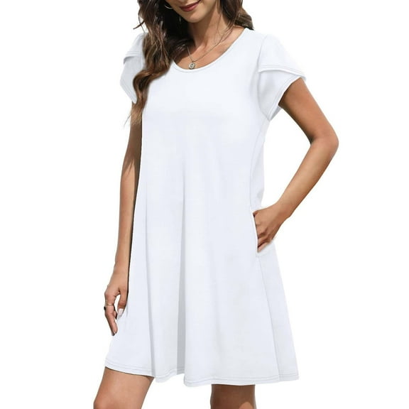 Summer Dress for Women Round Neck Petal Sleeve Shirt Dress Solid Color Casual Loose A Line Flowy Mini Dress with Pockets