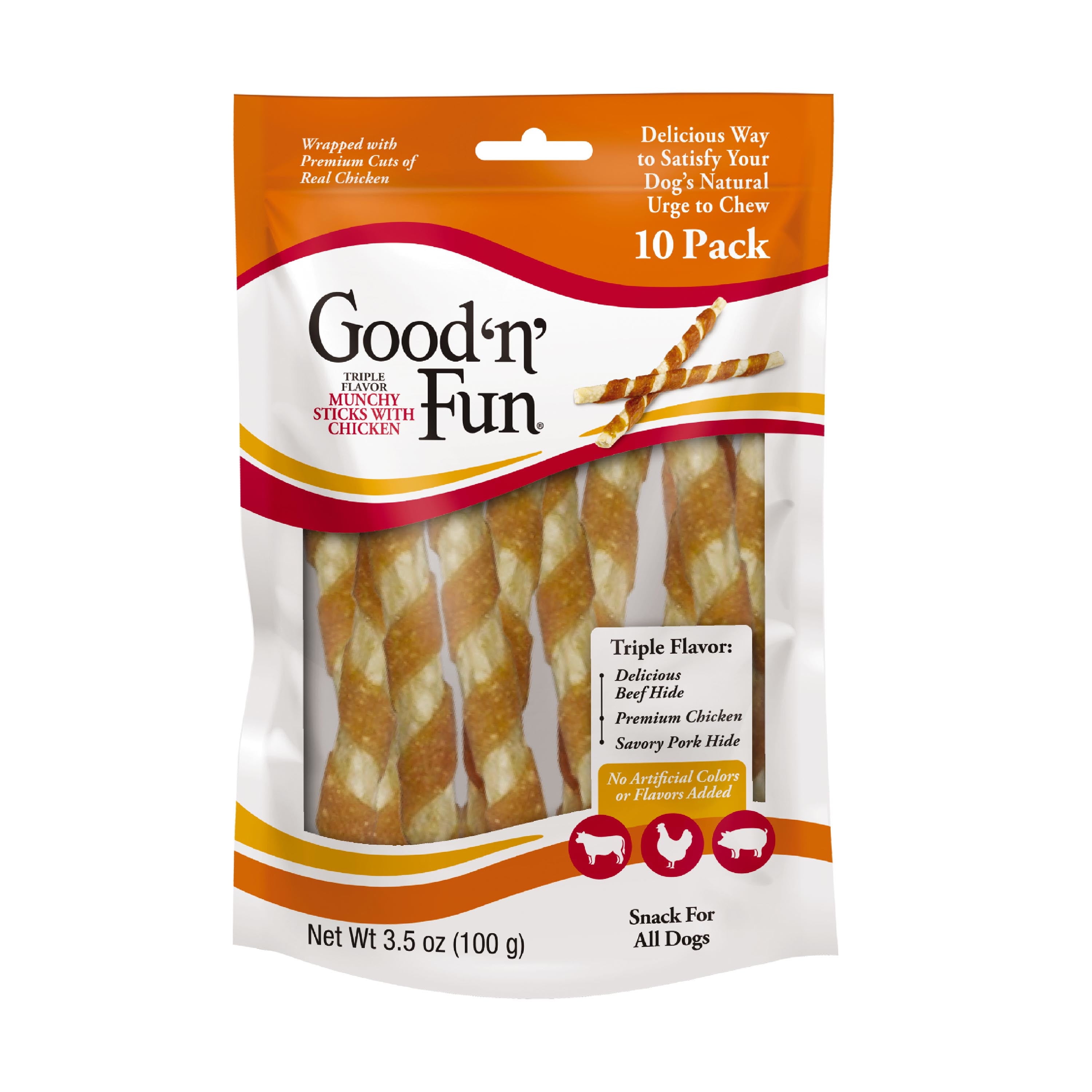 (4 pack) Good ‘n’ Fun Triple Flavor Munchy Sticks Chews for Dogs, Snack for All Dogs Made with Beef Hide, Chicken and Pork Hide, 10 Count