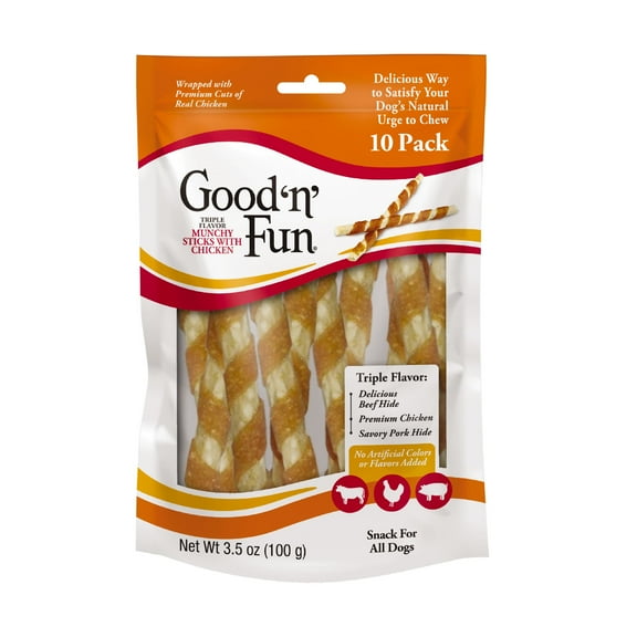 Good ‘n’ Fun Triple Flavor Munchy Sticks Chews for Dogs, Snack for All Dogs Made with Beef Hide, Chicken and Pork Hide, 10 Count