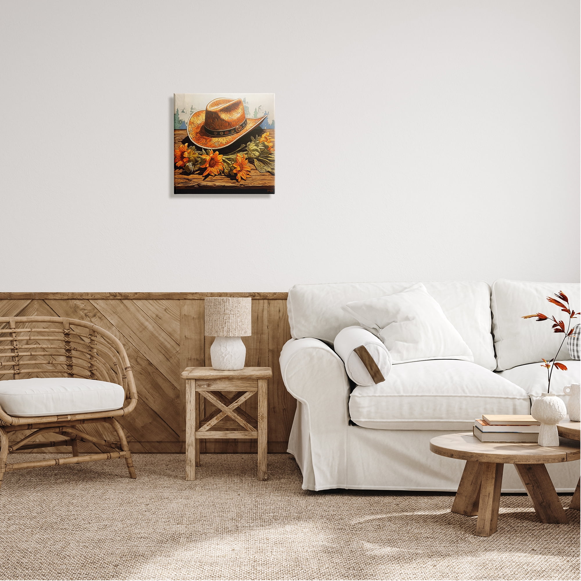 Stupell Industries Cowboy Hat with Sunflowers Botanical & Floral Painting Gallery Wrapped Canvas Art Print Wall Art, 17 x 17