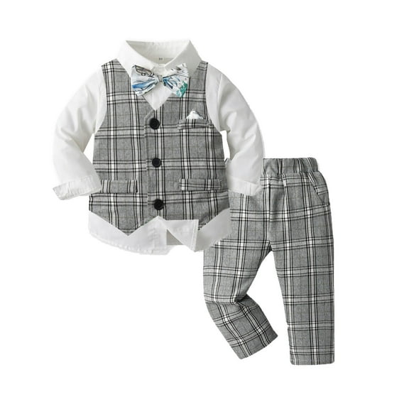 FAOWME Toddler Boys Long Sleeve T-Shirt Tops Plaid Vest Coat Pants Child Kids Gentleman Outfits Grey 3-4 Years